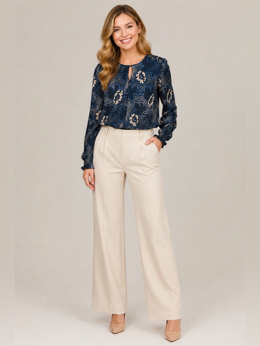 Ted Baker Bernot Midnight Blue Floral Flowly RNeck LS Blouse